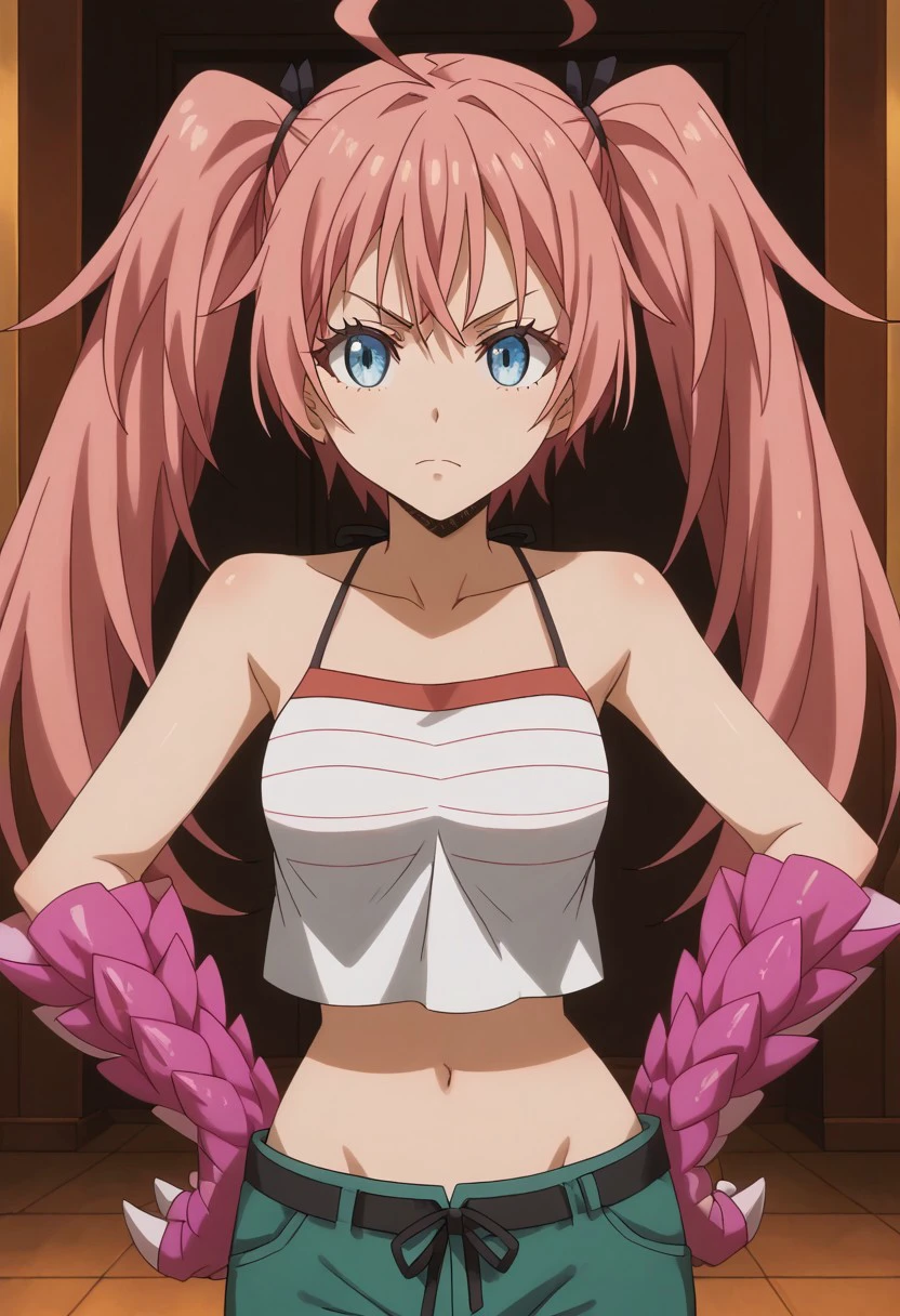 score_9, score_8_up, score_7_up, score_6_up,source_anime, cinematic shadow, cinematic light, cute and sensitive, soft skin,  characters focus, detailed eyes, detailed skins,perfect large breasts,rating_explicit, (cowboy shot:1.4), ultra detailed background,  milim, pink hair, twintails, bangs,blue eyes, milimaltern,camisole,crop top,bare shoulders,midriff, green shorts, black ribbon, fake dragon claws gloves,