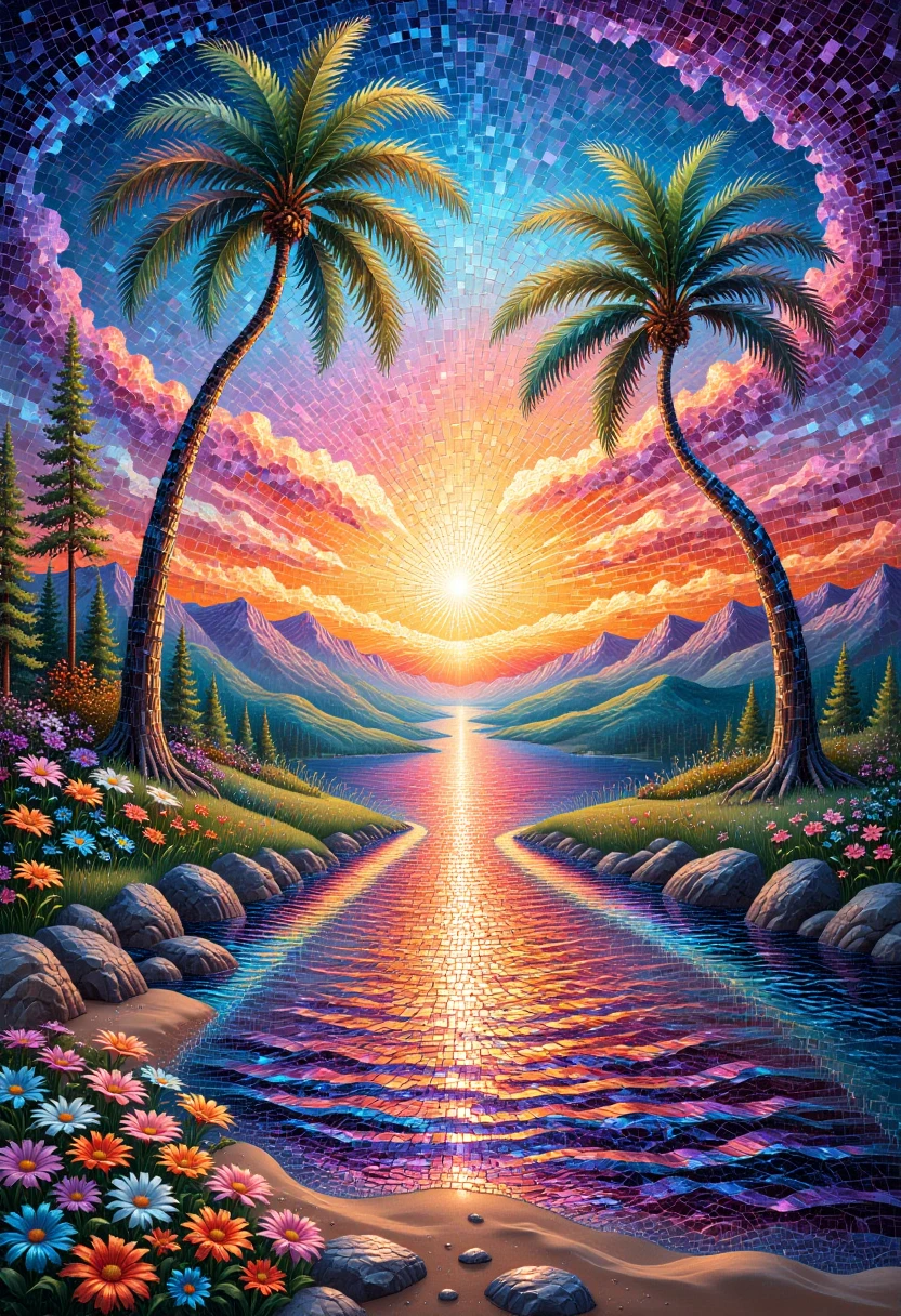 mosaic style, mosaic tiles,A pastel drawing of a tranquil beach scene at sunset