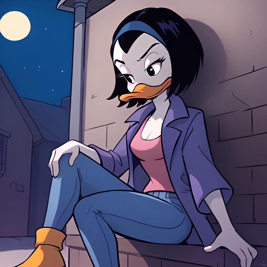 score_9, score_8_up, score_7_up, 1girl, solo,  uncensored, <lora:KayKXL_v1.1:1> kay-k, duck girl, white skin, bill, black hair, blue hairband, purple coat, pink top, blue jeans, outdoors, night, moon, street lantern, moody lighting, alley, street corner, leaning back, against wall, sitting, arm on knee,  heavy shadows, serious