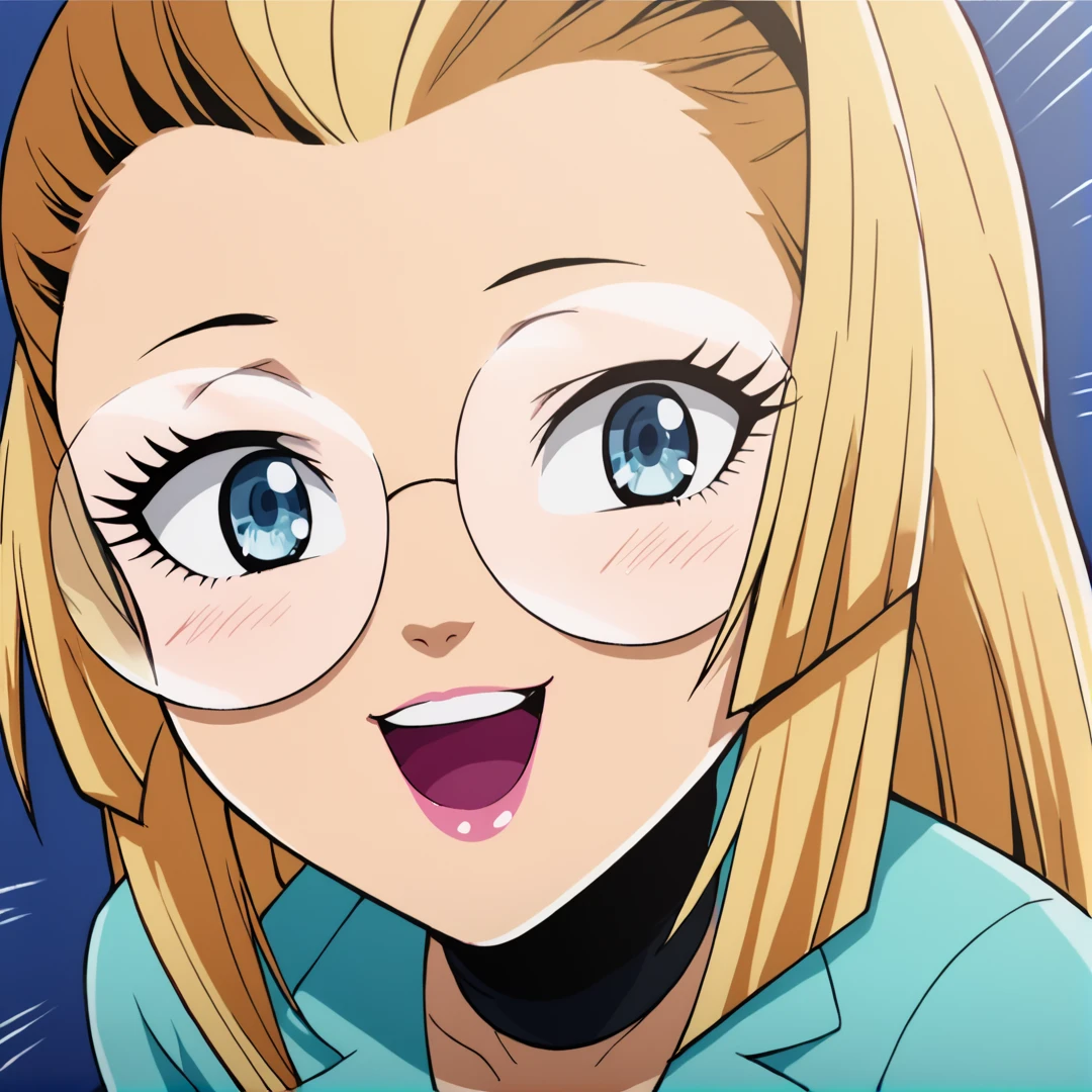 score_9, score_8_up, score_7_up, score_6_up, score_5_up, score_4_up,  ,  <lora:SilviaVJ:1>,  silvia, 1girl, solo, looking at viewer, blush, smile, open mouth, blue eyes, :d, glasses, teeth, eyelashes, makeup, upper teeth only, parody, lipstick, portrait, close-up, emphasis lines, round eyewear, round teeth, blonde hair