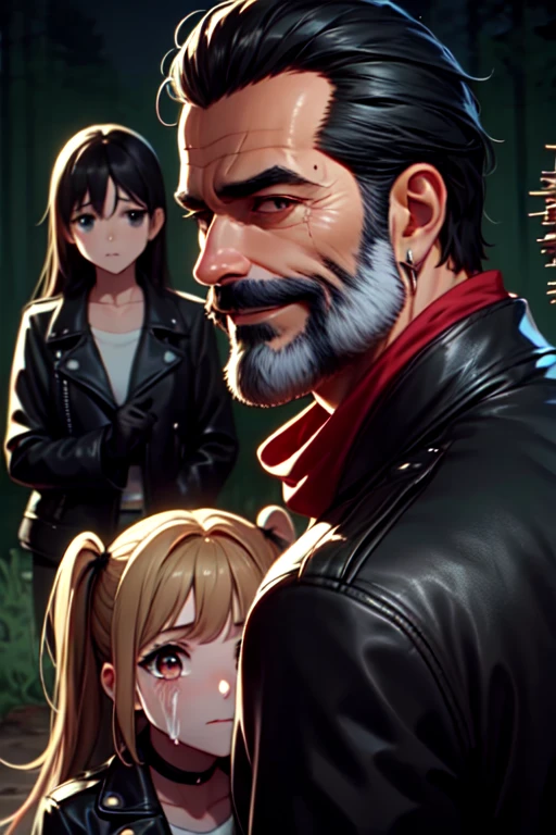 multiple views, close-up, negan, 1guy, holding weapon, facial hair, undercut, red scraf, black leather jacket, black gloves, narrow waist, slender man, 1girl, 2girls, multiple girls, fear, scared, crowd, truck, night, forest, realistic, <lora:girlhatenegan:0.9>