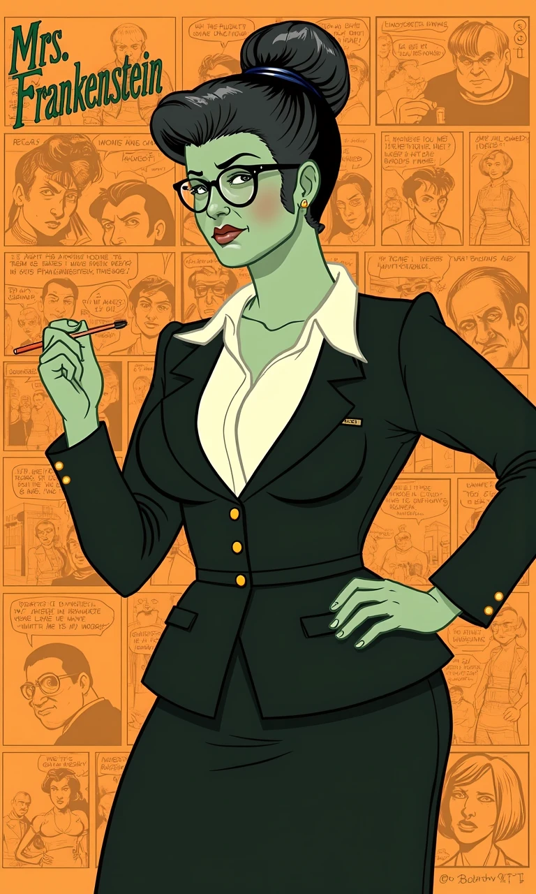 Title: Display the title "Mrs. Frankenstein" in bold green text, ornate text

main character: a dark-haired woman with light grey-green skin and a grey streak in her hair, wearing a stylish black teachers skirt,dress suit,white white unbuttoned shirt, the bride of Frankenstein, beehive hairstyle, glasses, cleavage, large breasts, and serious expression, she is holding a pointer, updo, stitched in skin, 

visual style: bullylsf1, light orange background, outline, 2d, background is wallpaper of various comic strips


