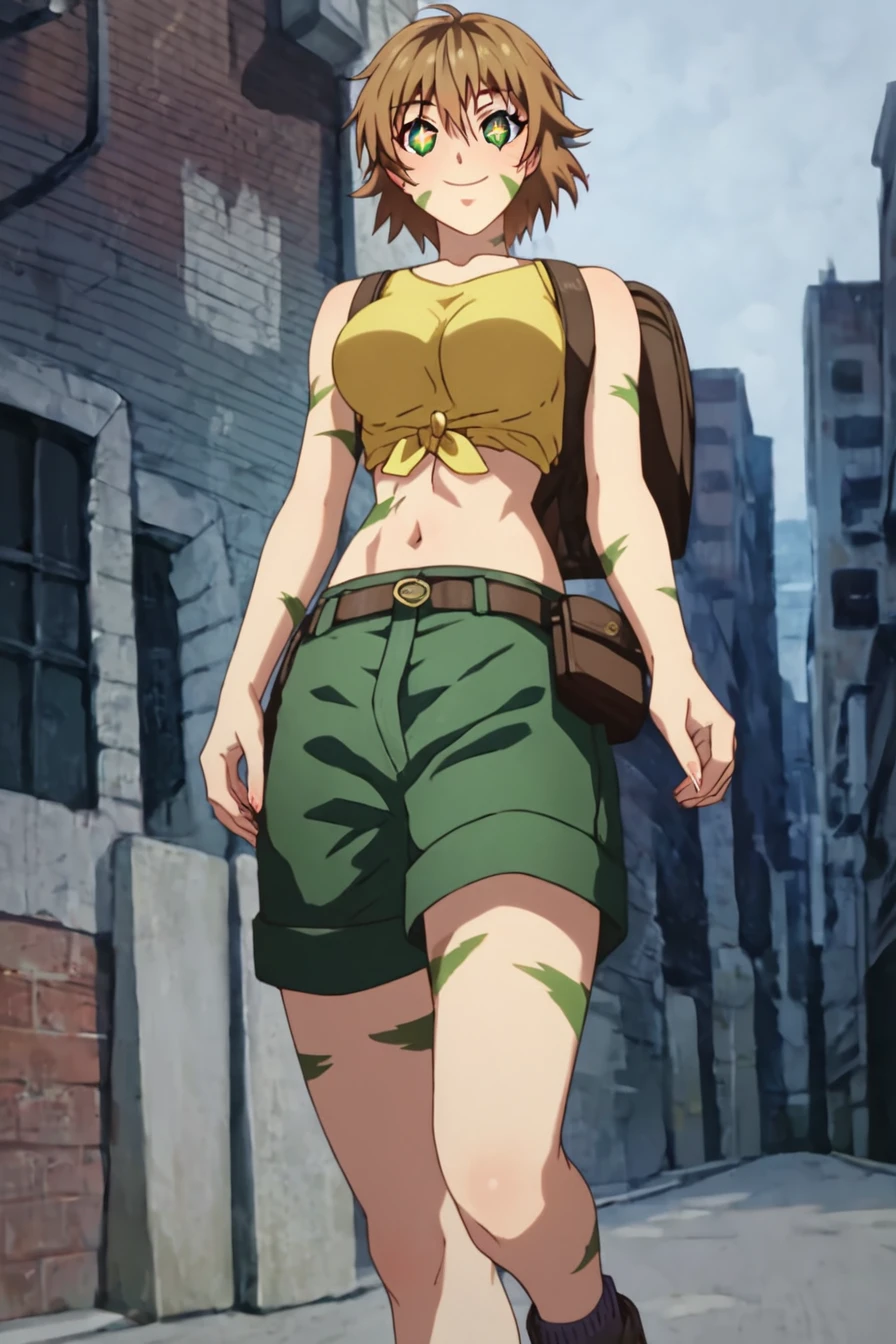 score_9, score_8_up, score_7_up, score_6_up, score_5_up, score_4_up, <lora:Toko_Amada:1>, Toko Amada, green eyes, star-shaped pupils, short hair, brown hair, scar, breasts, tied shirt, midriff, navel, green shorts, backpack, 1girl, standing, alone, looking at the viewer, masterpiece, highres, highly detailed face, highly detailed shining eyes, symmetrical highly detailed eyes, entire body, legs, street, walking down the street, sidewalk, building