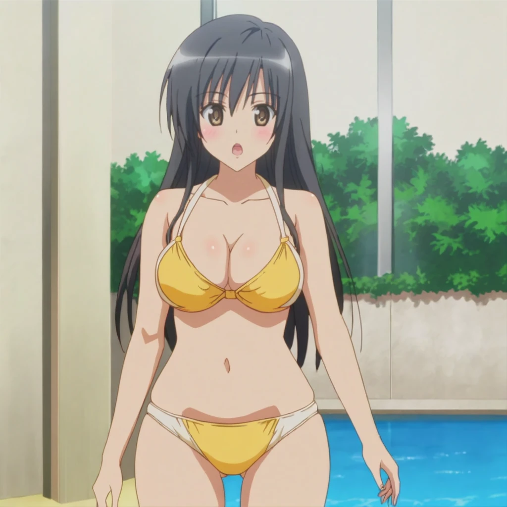 (masutepiece, Best Quality, High resolution, anime colours, megami magazine:1.2, anime poster style, anime keyvisual, sharp, 8k, photorealistic), (beautiful eyes:1.5, beautiful face), Kotegawa Yui, 1girl, solo, Cute, blush, (Long Black Hair), (sagging large breasts:1.5), (yellow Bikini:1.2), underboob, cleavage, breast focus, (kneeling:1.5), (cowboy shot), (Perfect detailed Anatomy, beautiful detailed hair, perfect detailed body:1.2, shiny skin), (thick outline, Beautiful outlines, black outlines), simple background,