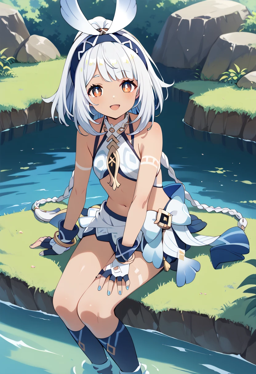 score_9, score_8_up, score_7_up, BREAK
mualani \(genshin impact\), 1girl, solo, sitting, white hair, sandals, looking at viewer, water, fingerless gloves, smile, bare shoulders, grass, open mouth, navel, red eyes, soaking feet, knee up, headband, eyebrows visible through hair, bangs, toenail polish, dark-skinned female, blue nails, ponytail, outdoors, parted lips, orange eyes, small breasts, very long hair, tattoo, flat chest, toes, sidelocks, braided ponytail, thighs, midriff, single braid, white bikini, short hair, multicolored hair, white skirt, blue bikini, bikini top, silver hair, bodypaint, blush, leg up, white gloves, stomach, day, wet, blue sky, sunlight, cloudy sky, :d, brown eyes, headdress, blue gloves, feet, kneehighs, blue legwear, body markings, anklet, pouch, twin braids, legs, halterneck, full body, platform footwear, rock, sarong, eyelashes, blue footwear, in water, streaked hair, feather hair ornament, halter top, sleeveless, wrist guards, bare arms, bracelet, wading, depth of field, medium hair, on ground, bandeau, bright pupils, cleavage, blurry background, cleavage cutout, facial mark, crop top, on grass, foot out of frame, grey hair, toeless footwear, barefoot, tan, blue shorts, blue hairband, blue bow
<lora:mualani_genshin_impact_sdxl_locon_pony_v1:0.7>