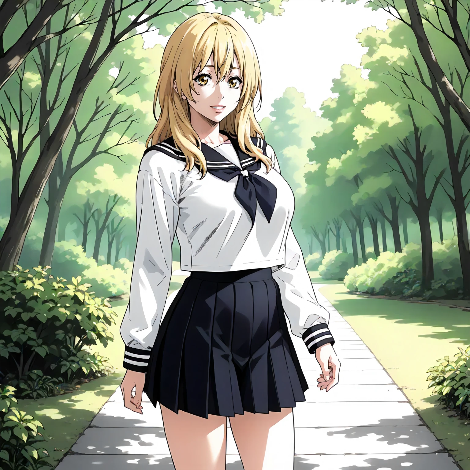 <lora:Us_EmaKaburagiXLpony001>,
outdoors,nature,
smile,parted lips,
solo,
EmaKaburagi,1girl,blonde hair,medium long hair,yellow eyes,
large breasts,
black sailor color,white shirt,long_sleeves,
pleated_skirt,black skirt,
standing,