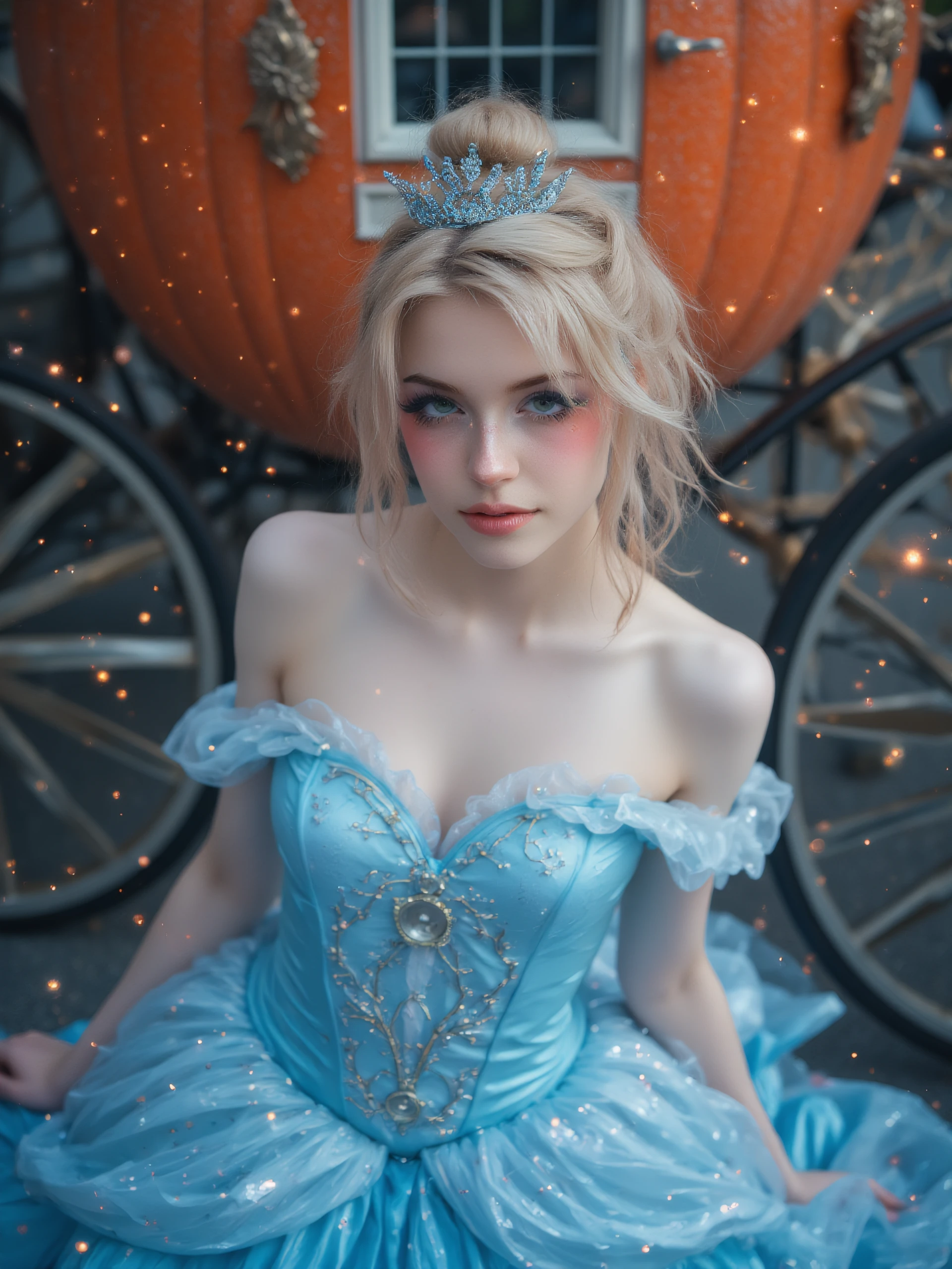 hnnhw woman cosplaying as Cinderella. portrait. she has an elegant blue dress. behind her is a pumpkin shaped carriage. the background is bokah. floating in the air around her are twinkles of magic dust.