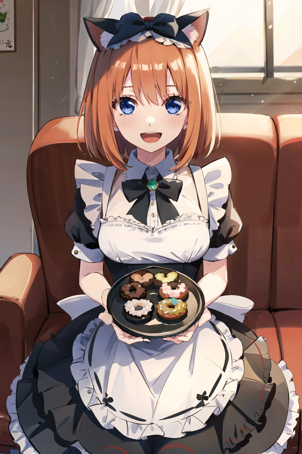 1girl,Nakano Yotsuba,orange hair,blue eyes,hair between eyes,green ribbon,:d,smile,
maid,maid headdress,maid apron,animal ears,cat ears,
cafe,doughnut,
masterpiece,best quality,<lora:NakanoYotsuba v2.2:0.8>,