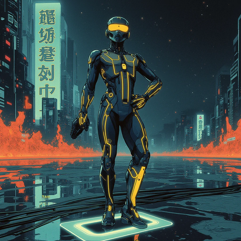 Low detail scene. tron legacy style. An anime robot character. cyberpunk. Resembles a vintage anime film still. flat tones, aesthetic. The image feels explosive, with a cyberpop vibe. Tarot card, Flax. 