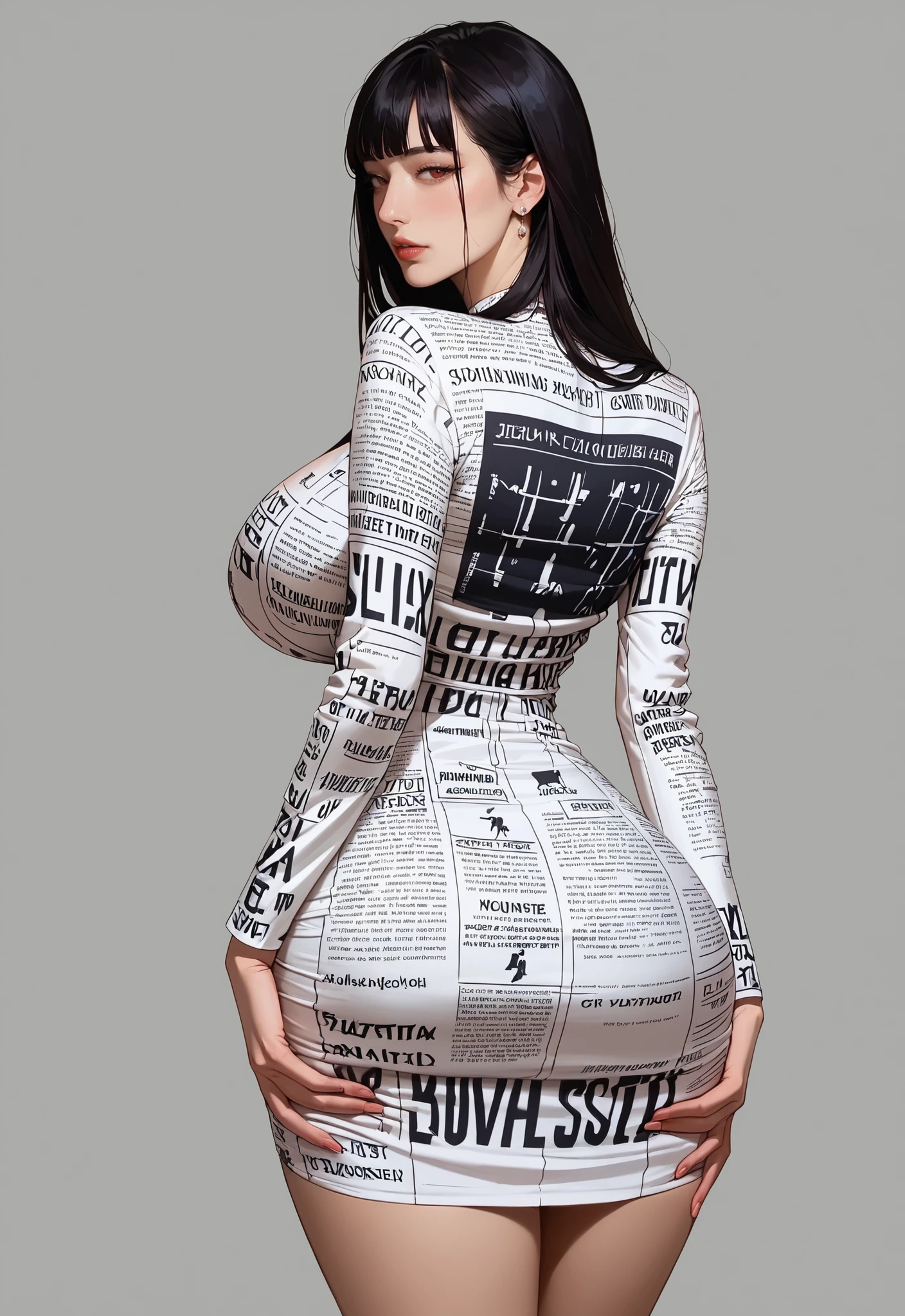 score_9,score_8_up,score_7_up,score_6_up,source_anime,
highres,no lineart,8k,hd BREAK
black background,cowboy shot,from behind,
1girl,black hair,long hair,red eyes,blunt bangs,straight hair,parted lips,
fashion print slim midi dress,newspaper print,clothes_writing,white_dress,short_dress,long_sleeves,
standing,mature female,back_peek,ass,
looking at viewer,thick thighs,half-closed eyes,
wide hips,huge breasts,
<lora:Perfect Hands:0.6>,<lora:Expressive_H:0.4>,<lora:Fashion Print Slim Midi Dress:0.6>,<lora:last_version:0.6>,