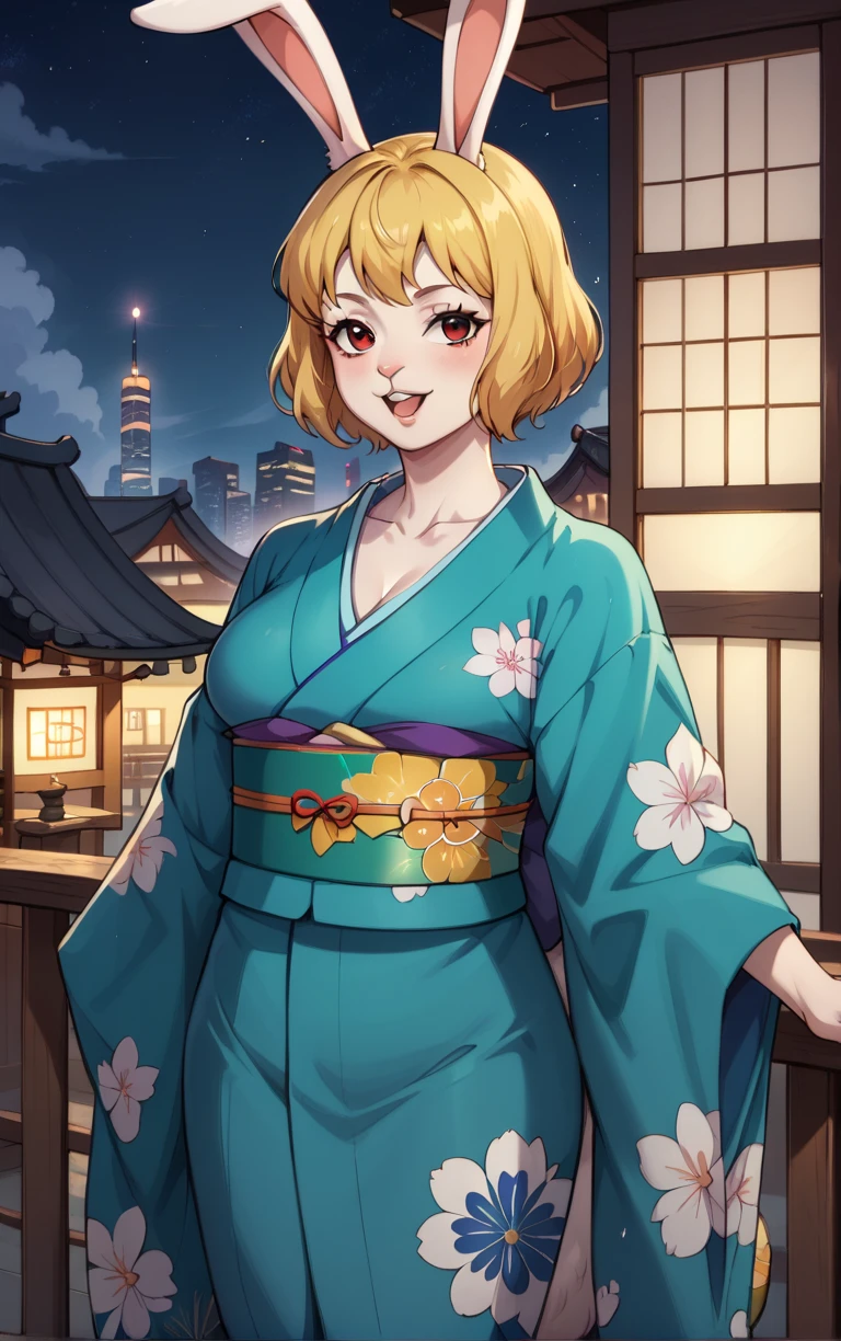 score_9, score_8_up, score_7_up, BREAK
Kimono_Wano_Carrot_ownwaifu,
1girl, blonde hair, rabbit girl, furry female, short hair, rabbit tail, large breasts, rabbit ears, animal ears, collarbone, red eyes, white fur, animal nose, body fur, buck teeth, bangs, groin, white skin,
japanese clothes, kimono, obi, sash, floral print,
(standing, arm_support), railing, cityscape, night, city, city lights, scenery, starry sky, vanishing point, outdoors, <lora:PONYXL_ONEPIECE_Wano_Carrot_ownwaifu:0.8> , depth of field, solo,