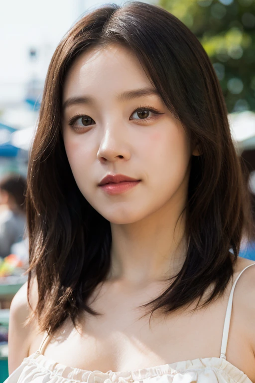 masterpiece, best quality, ultra-detailed, ultra high res, (photorealistic:1.4), raw photo, (realistic:0.2), 8k HDR, realistic lighting, looking at viewer, 1girl, solo, asymmetrical hair, outdoor, sky, (traditional market:1.2), bokeh, (detailed lips), (day), (detailed pores), (detailed skin textures), (detailed face:1.2), (body:1.2), a woman portrait in a sundress, cowboy shot,