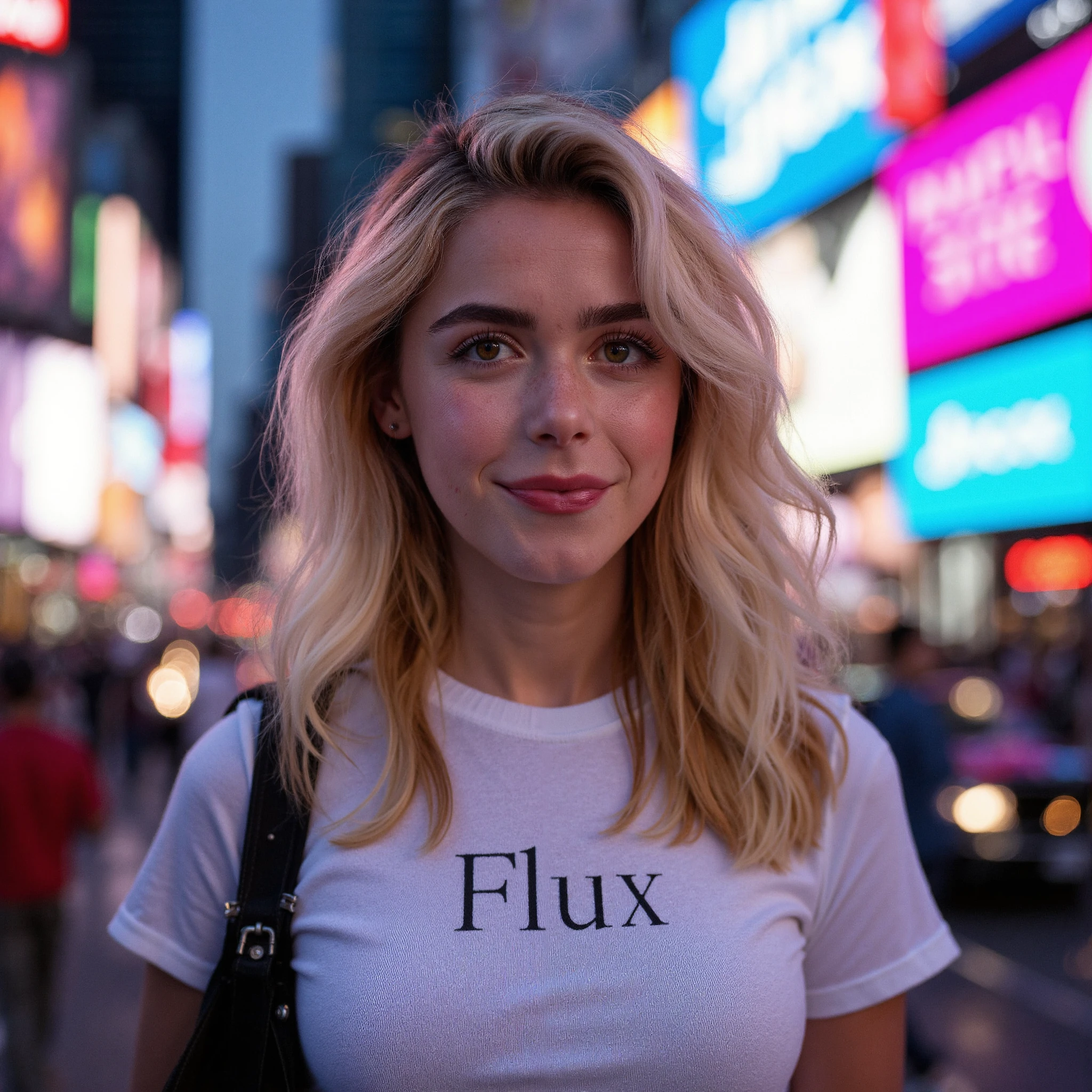 A captivating portrait of kieshipka stands at the heart of Times Square, her figure a beacon of stillness amidst the frenetic energy of New York City. The young woman's piercing gaze meets the viewer directly, her expression a mixture of confidence and intrigue. She wears a tightly fitted white t-shirt emblazoned with the word "Flux" in bold, sans-serif letters across her chest, symbolizing the constant change surrounding her. The shirt's fabric catches the kaleidoscope of colors from the dazzling neon signs and towering digital billboards that frame her silhouette. These vibrant displays create a mesmerizing backdrop, their light dancing across her face and hair, casting an otherworldly glow on her features. The composition draws the eye in a circular motion, from her face to the pulsing advertisements and back, mirroring the ceaseless flow of the city. Sharp contrasts between light and shadow accentuate the three-dimensional quality of the scene, with her emerging as a tangible presence amidst the electric dreamscape. The atmosphere is charged with a sense of possibility and urban magic, capturing the essence of a moment frozen in time within the ever-shifting metropolis. Hyperrealistic detail in 8K resolution, cinematic lighting with a touch of cyberpunk aesthetics.<lora:flux_realism_lora><lora:KiernanShipkaFlux_V1>