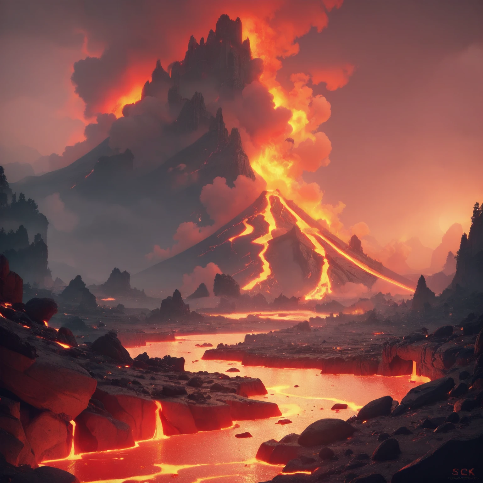 lava, lava geyser, red theme, setting sun, craggy black mountains, black rocks, desolate landscape, <lora:ponyfire:1>, elementalplanefire, BREAK score_9, score_8_up, score_7_up, best quality, masterpiece, 4k, prefect lighting, very aesthetic, zPDXL2