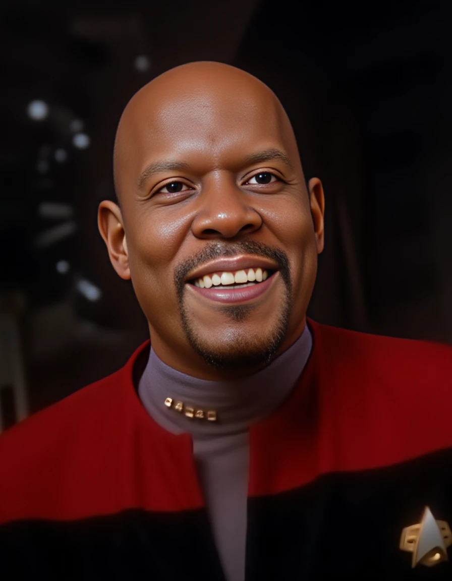 analog film photo <lora:sisko-flux:1.3>captain benjamin sisko a man in a red shirt and black tie looking at the camera with a serious look on his face star trek deep space nine, sensual smile and a joyful expression . faded film, desaturated, 35mm photo, grainy, vignette, vintage, Kodachrome, Lomography, stained, highly detailed, found footage