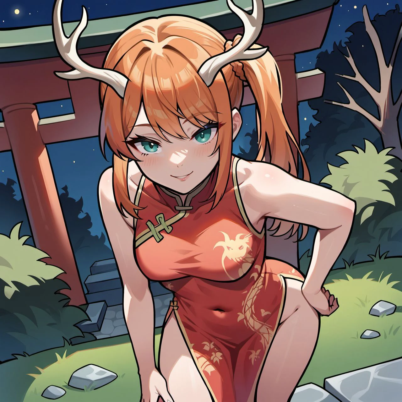 score_9, score_8_up, score_7_up, score_6_up,  heyra, horns, antlers, bangs,
 aqua eyes, orange hair, long hair, side ponytail,china dress, pelvic curtain, side slit, sleeveless, print dress, covered navel, no panties, outdoors, night, torii, shrine, east asian architecture, leaning forward, hand on own thigh, from above, solo, smile, looking at viewer, cowboy shot,
<lora:heyra_race_v1-000007:0.9>,