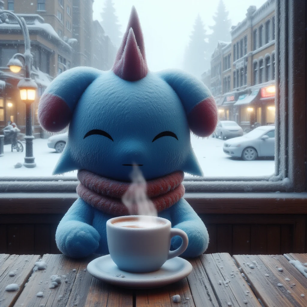 <lora:DepressoFLUX:1.0> <lora:Fr0stWrld_Flux-000012:1> Fr0stWrld. Photo of blue Depresso sitting in cafe. He is wearing a red scarf and shivering. On the table there is a cup of hot chocolate with steam going from it. In cafe window city street can be seen. It is winter and there is a snowstorm going on the outside.