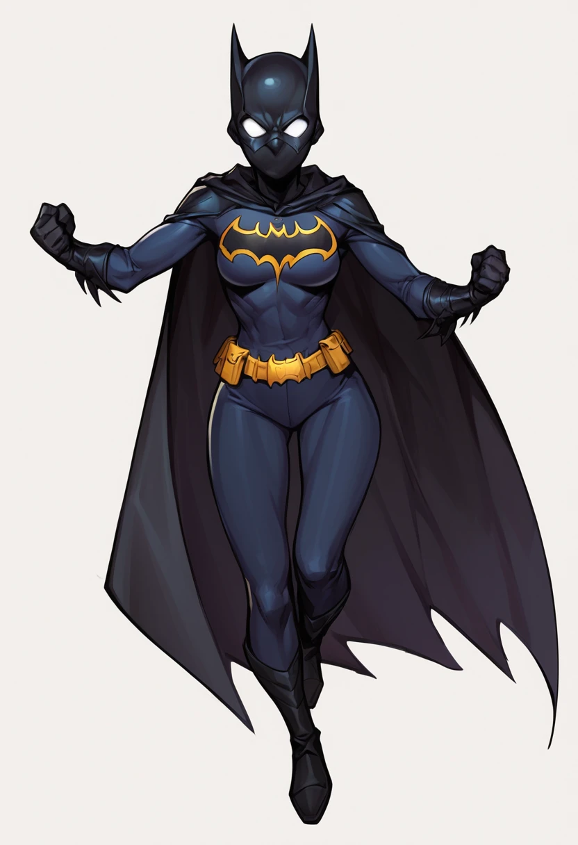 score_9, score_8_up, score_7_up, score_6_up, 1girl, full body shot, looking at viewer, solo, simple background, white background, action pose, cassandra-wayne, asian, chinese, Batgirl-outfit, black cape, white eyes, mask