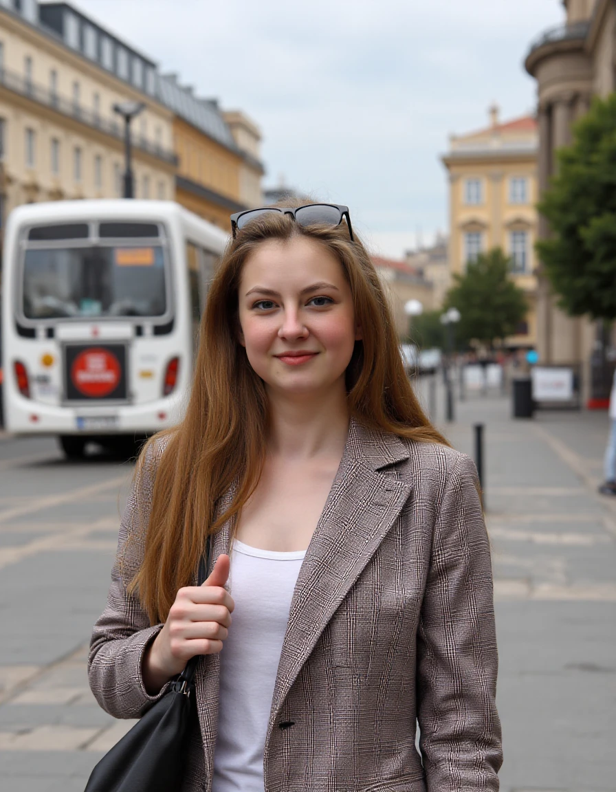 woman, bellakflux,Waiting for a bus in a city square wearing a plaid blazer, <lora:bellakflux:1>