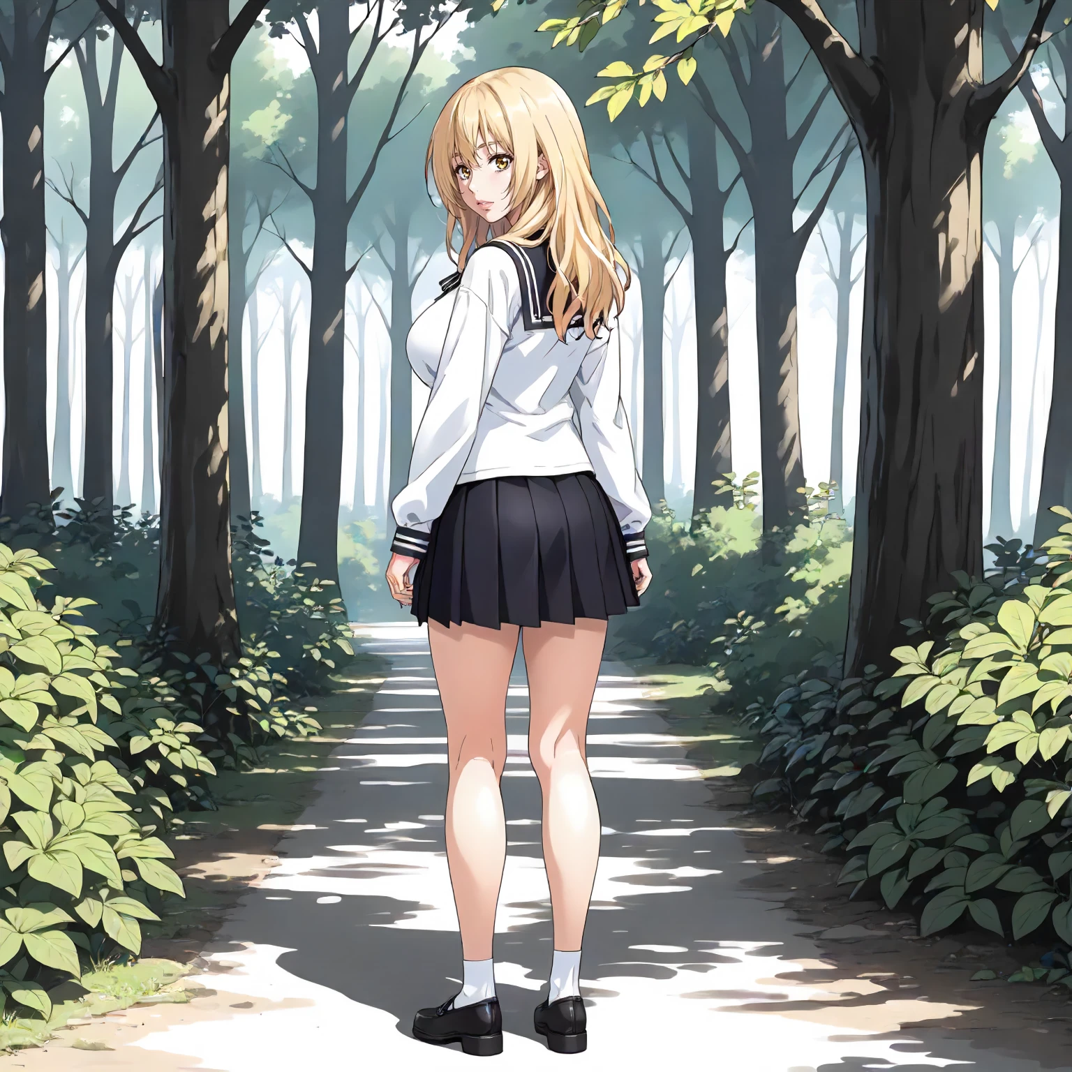 <lora:Us_EmaKaburagiXLpony001>,
outdoors,nature,
parted lips,looking at viewer,
solo,
EmaKaburagi,1girl,blonde hair,medium long hair,yellow eyes,
large breasts,
black sailor color,white shirt,long_sleeves,
pleated_skirt,black skirt,
full body,standing,looking back,