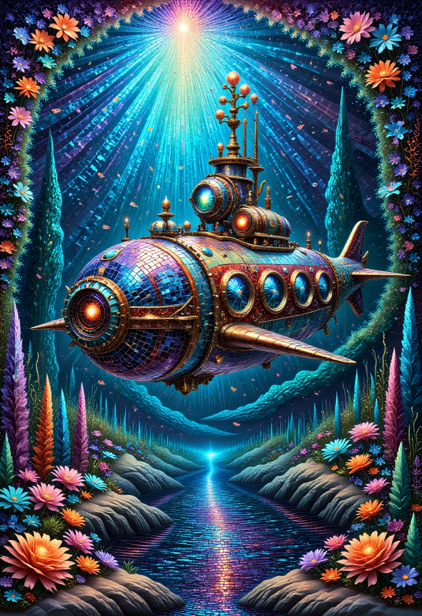 mosaic style, mosaic tiles,A steampunk submarine exploring the depths of a crystalline ocean. The vessel is adorned with brass gears and glass domes, and it glides through underwater caves filled with glowing crystals and mysterious sea creatures