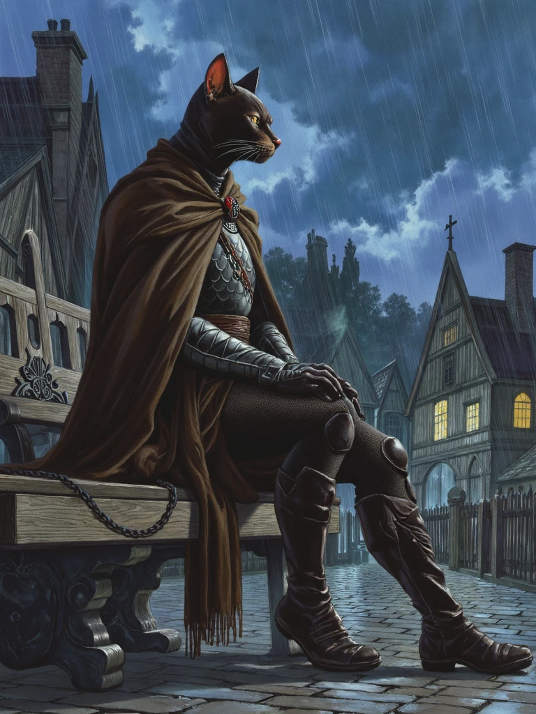 alexross style, vintage comicbook illustration, humanoid tabaxi cat rogue sitting on wooden bench in meedieval town, he is wearing leahter armor with laces belts and rough cloak, rainy night with dark storm clouds on sky <lora:sxz-Alex-Ross-Flux:1>