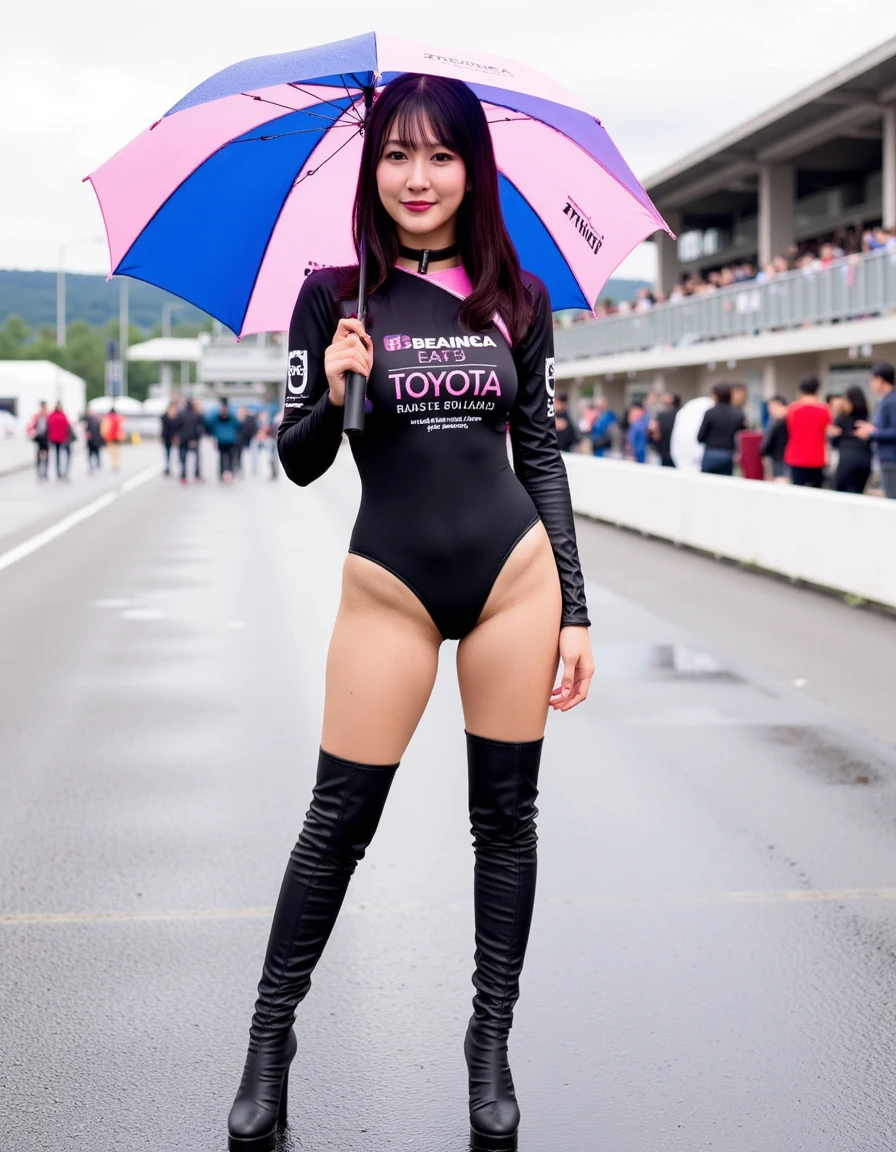 'The image shows a young woman standing on a race track,holding a large pink and blue umbrella. She is wearing a black bodysuit,black thigh-high boots. She has long dark hair and is posing with one hand on her hip and the other holding the umbrella with the other. In the background,there are several race cars and spectators. The sky is overcast and the ground is wet,suggesting that it has recently rained,<lora:Flux_race_queens:1.2>,cute japanese idols,clothing has spawner logoâTOYOTAâ,, RAW candid cinema, 16mm, color graded portra 400 film, remarkable color, ultra realistic, textured skin, remarkable detailed pupils, realistic dull skin noise, visible skin detail, skin fuzz, dry skin, shot with cinematic camera