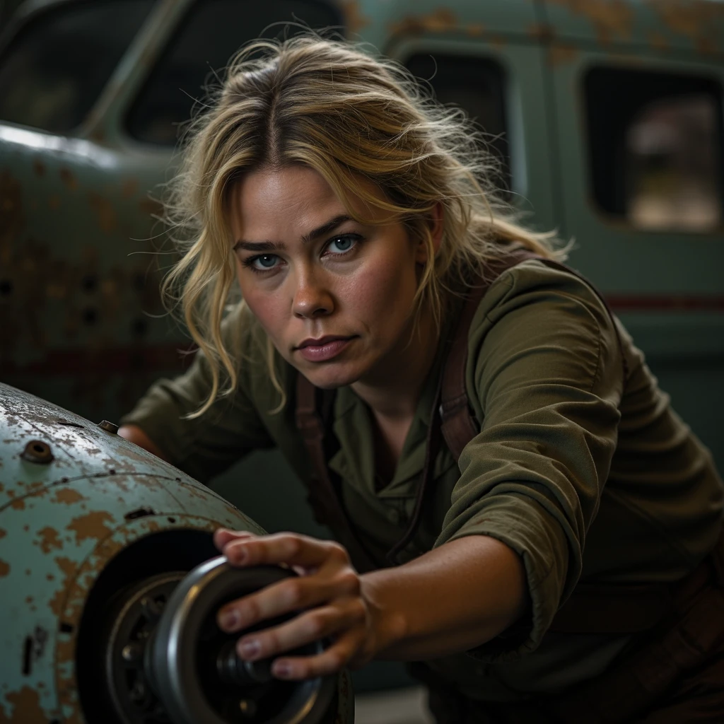 briborgen woman, blonde, repairing an old plane, motor parts, wrench, looking at viewer, movie still, 