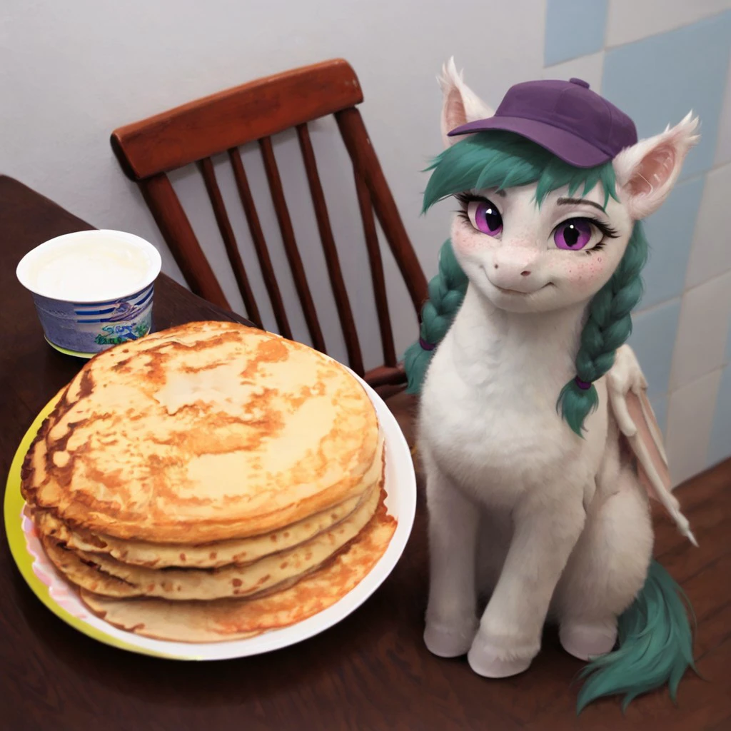 score_9, 2d, solo, female, pony,, bat pony, bat wings, white wings, pony head, pony face, white body, purple eyes, green hair, twin braids, purple small hair ties, short hair, (purple cap), freckles, mature, looking at you, 25 years old, pancakes, plate, chair, sitting on chair