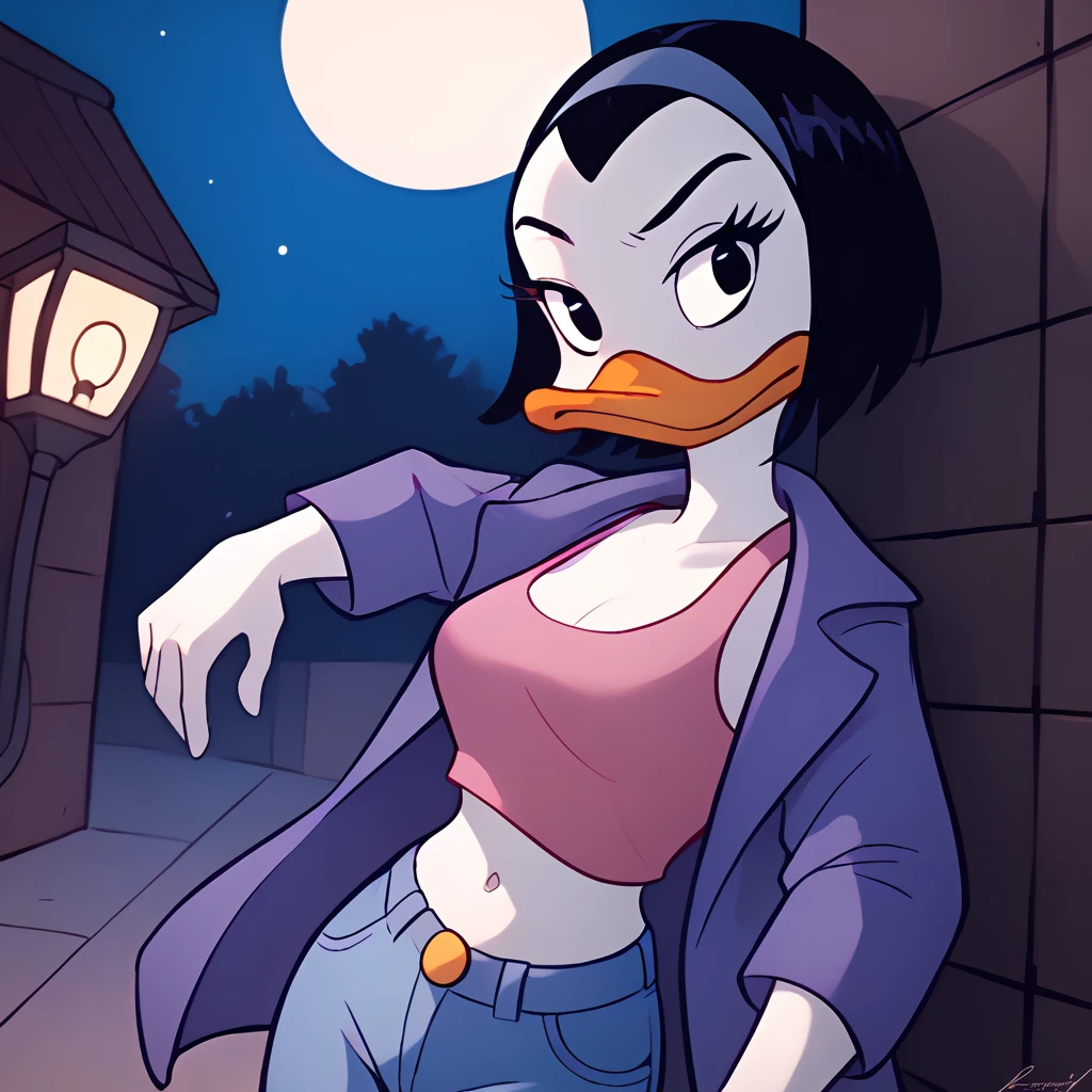 score_9, score_8_up, score_7_up, 1girl, solo,  uncensored, <lora:KayKXL_v1.1:1> kay-k, duck girl, white skin, bill, black hair, blue hairband, purple coat, pink top, blue jeans, outdoors, night, moon, street lantern, moody lighting, alley, street corner, leaning back, against wall, heavy shadows, serious