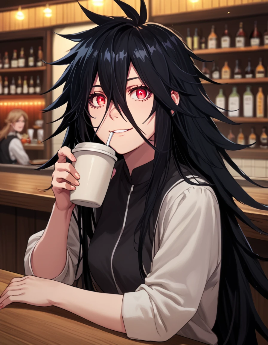 <lora:GoGoLoserRanger:1>score_9, score_8_up, score_7_up, score_6_up, score_5_up, score_4_up, source_anime,  , smile, bar, drinking coffee, sitting,    FighterXX, long hair, black hair, red eyes, hair between eyes, messy hair,