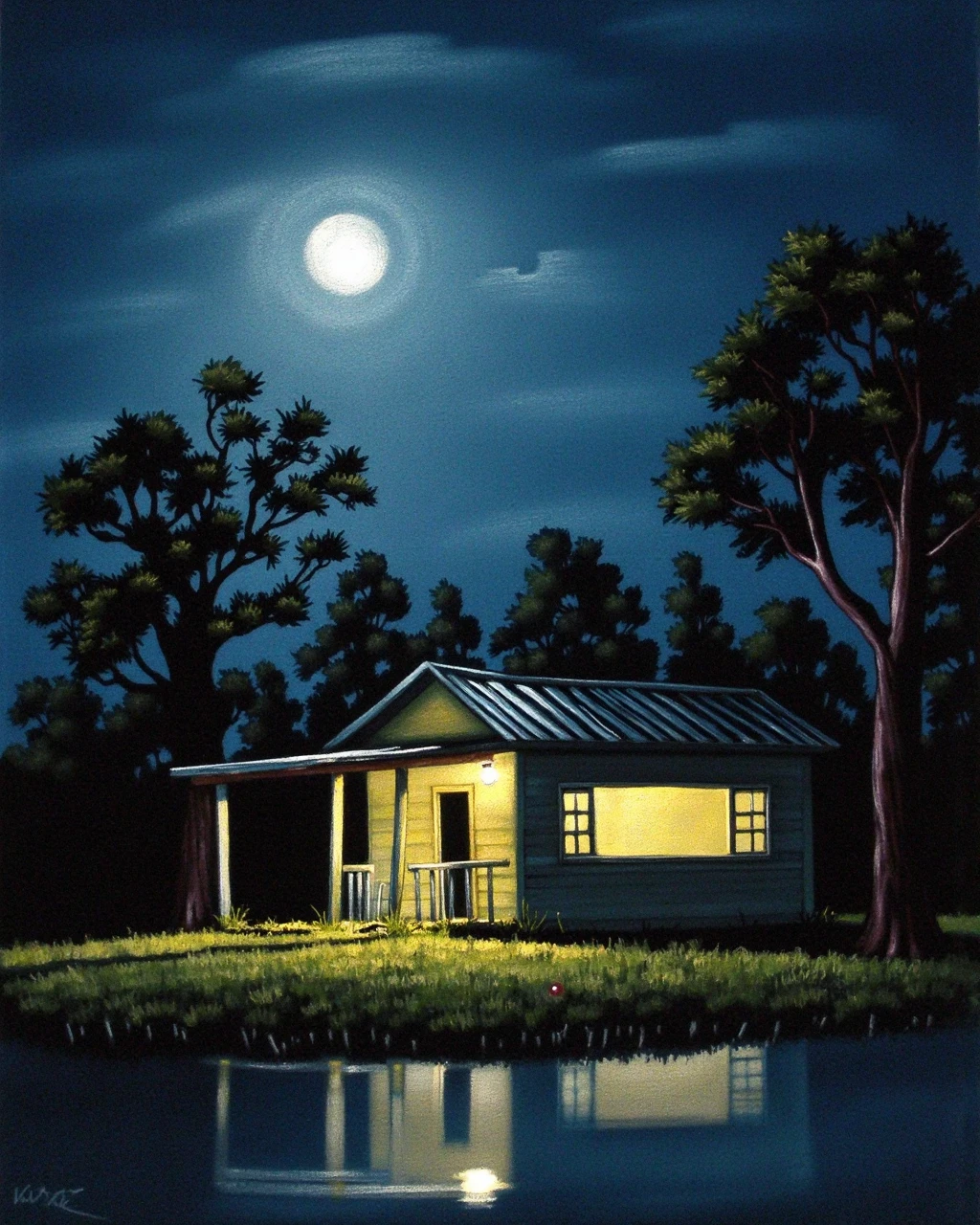 A Louisiana swamp shack glowing under a cajun moon.