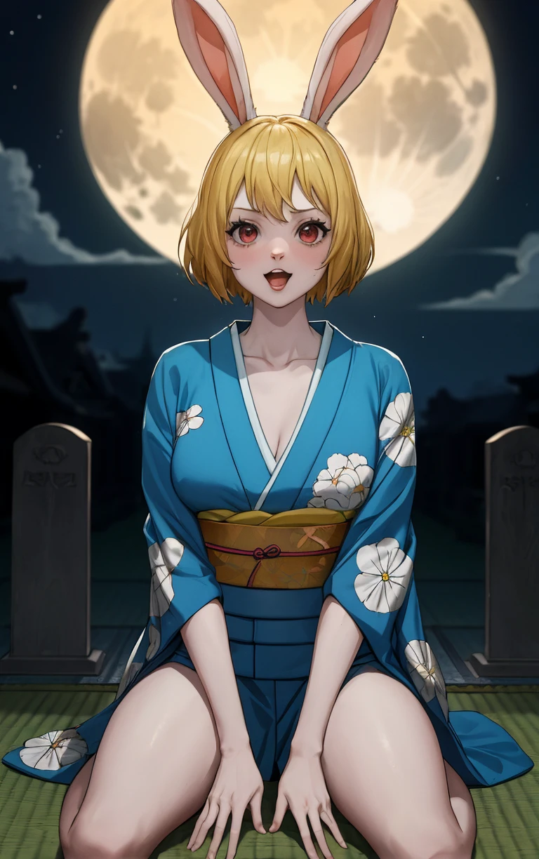 (masterpiece, best quality:1.4), insaneres, absurdres, solo, looking at viewer,BREAK 
Kimono_Wano_Carrot_ownwaifu,
1girl, blonde hair, rabbit girl, furry female, short hair, rabbit tail,  large breasts, rabbit ears, animal ears, collarbone, red eyes, white fur, animal nose, body fur, buck teeth, bangs, groin, white skin, 
japanese clothes, kimono, obi, sash, floral print, 
(sitting, full moon), graveyard, grave, tombstone, moonlight, <lora:ONEPIECE_Wano_Carrot_ownwaifu:0.8> , depth of field, solo,