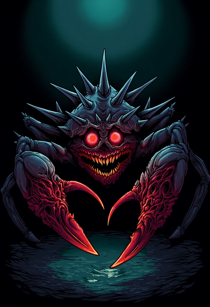 An image of an angry cybergore demon crab emerging from the depths of a dark, underwater abyss. This creature has large, jagged claws that are sharp and menacing, with its exoskeleton covered in dark, spiked armor. Its eyes glow with a sinister red hue, and its body is marked with fiery, infernal patterns that pulse with an otherworldly energy. The crab’s legs are twisted and deformed, giving it a monstrous, unnatural appearance. The background is a shadowy ocean floor, with faint, eerie light filtering through the water, casting long, ominous shadows. The crab’s expression is one of pure fury, making it a terrifying presence in this deep-sea horror scene.