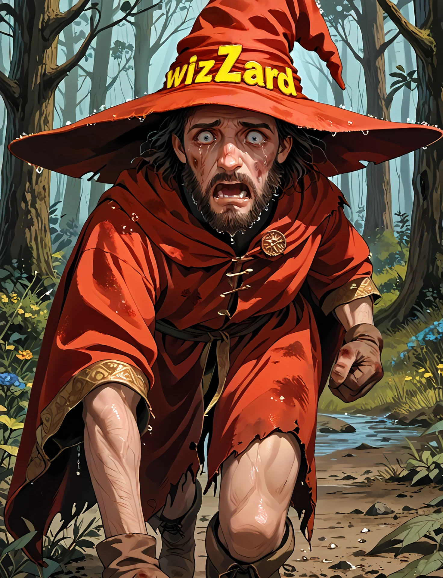 score_9, score_8_up, score_7_up, score_6_up, BREAK
<lora:rincewind_000050:0.87>, wizard hat,rincewind,red robe, tall, skinny, burnt clothes, cape, boots, male focus, solo, beard, scared, panicking, open mouth, fleeing, running, gloves, nature, forest, flowers, vines, bush, wet clothes