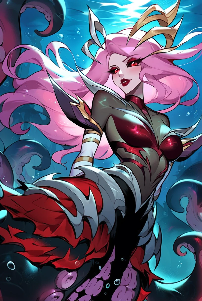 score_9, score_8_up, score_7_up, c0venn4mi, coven nami, 1girl, monster girl, red eyes, colored sclera, black sclera, (tentacles:1.2), bodysuit, long hair, pink hair, red lips, makeup, gloves, elbow gloves, 
<lora:Manwha_Anime_Style:0.65>, underwater, bubble, water, solo, ((night)), full body, ((octopus girl, scylla)), <lora:Nami_Coven_v2:0.95>, arm behind back, manhwastyle, backlight