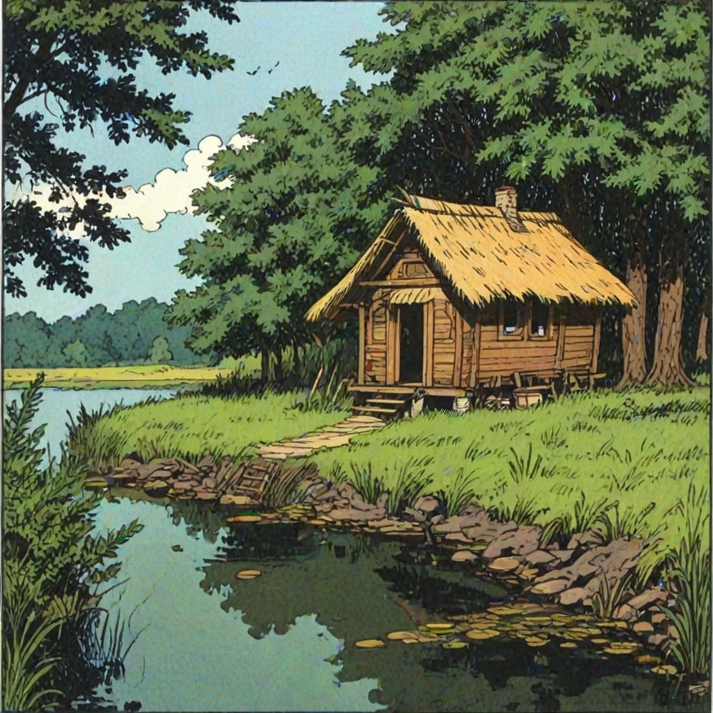 hut by the lake and trees  <lora:GilJordan:1> comic book stye