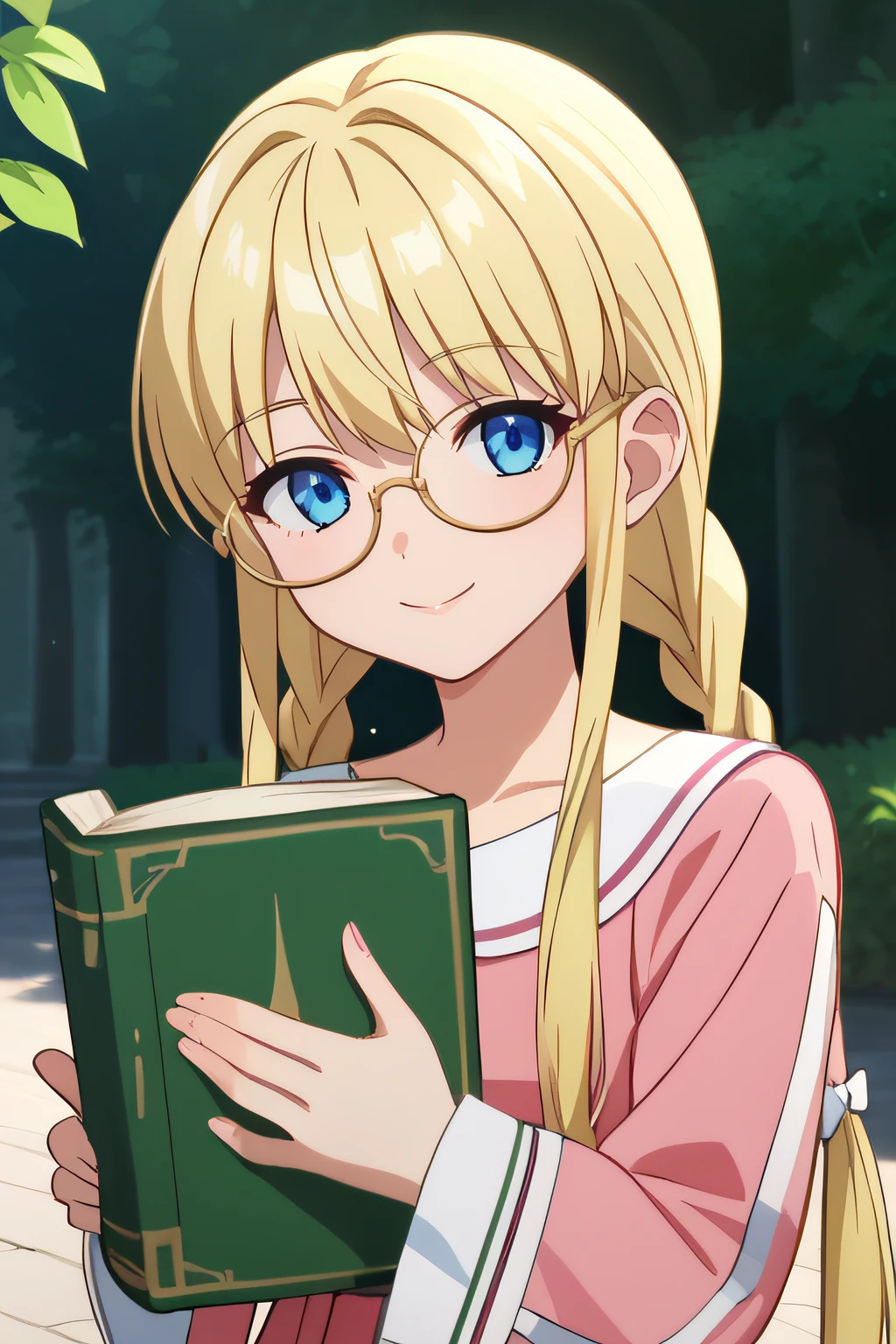 score_9, score_8_up, score_7_up, source_anime, rating_safe, intricate details, anime screencap, official style, 1girl, <lora:Tori:1>, tori, blonde hair, twin braids, glasses, blue eyes, long locks, pink dress, long sleeves, collarbone, white hairbows, cowboy shot, looking at viewer, smile, outdoor, five fingers, holding a green book