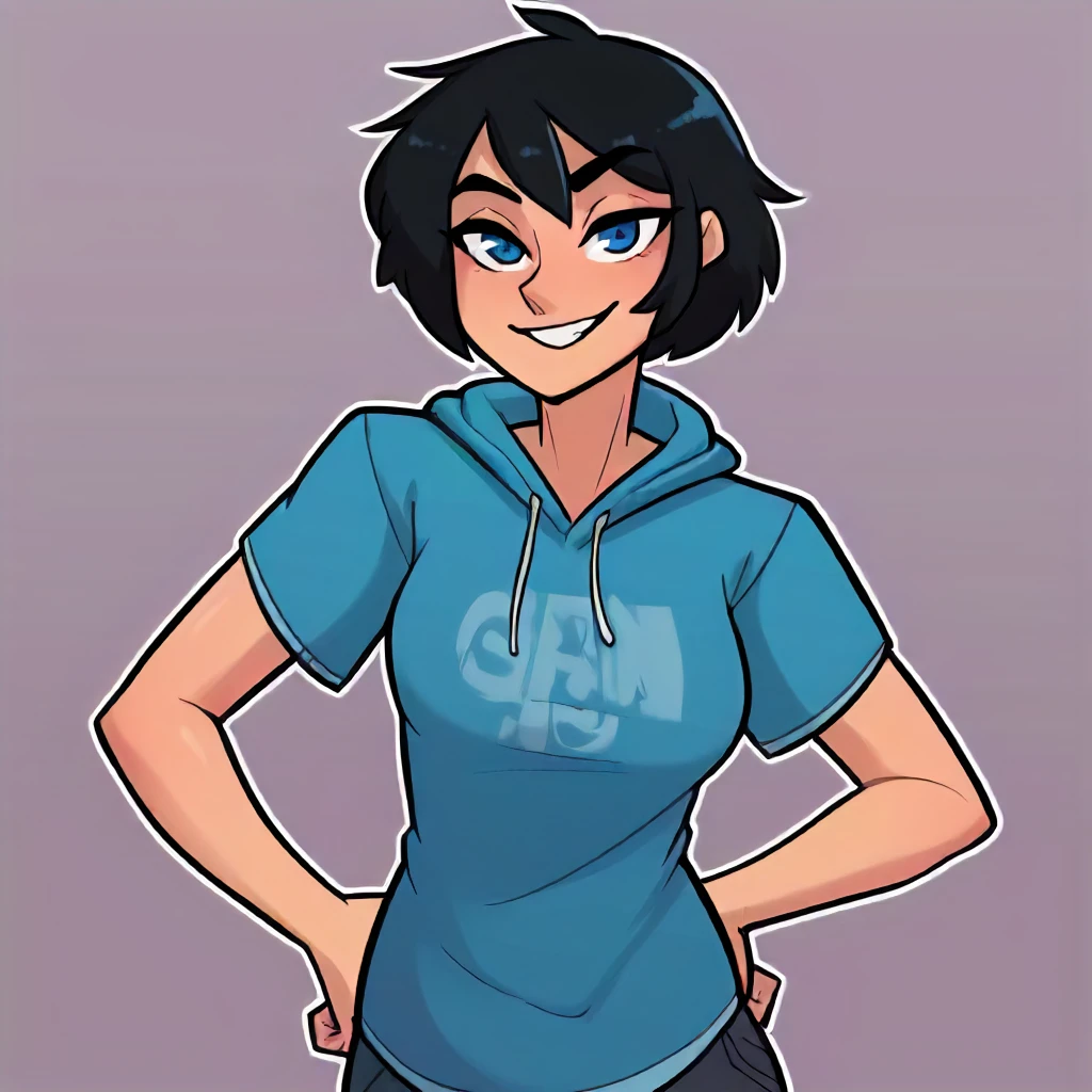 <lora:Relatedguy_Style_v2:1.2> rltguy,  score9, portrait, cowboy shot, looking at viewer, clean lines. BREAK  1girl, short black hair, reverse bob, blue eyes, t-shirt, hoodie, small smile