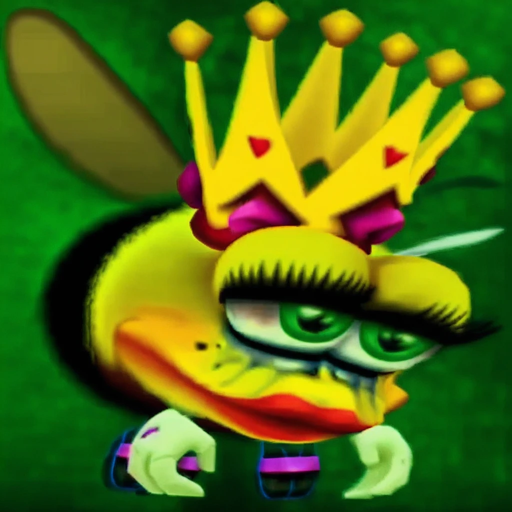 low eyelids, black stripes, bee stinger, thick lips, mole under eye, white gloves, pink sandals, insect wings, , messy mascara, yellow fur, Mrs Queen Bee, bee woman, green eyes, crown on head