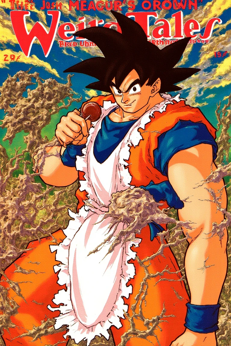 SSJ1 Goku, holding a lollipop in a maid outfit with torn clothes.,pulp magazine cover in the style of weird tales