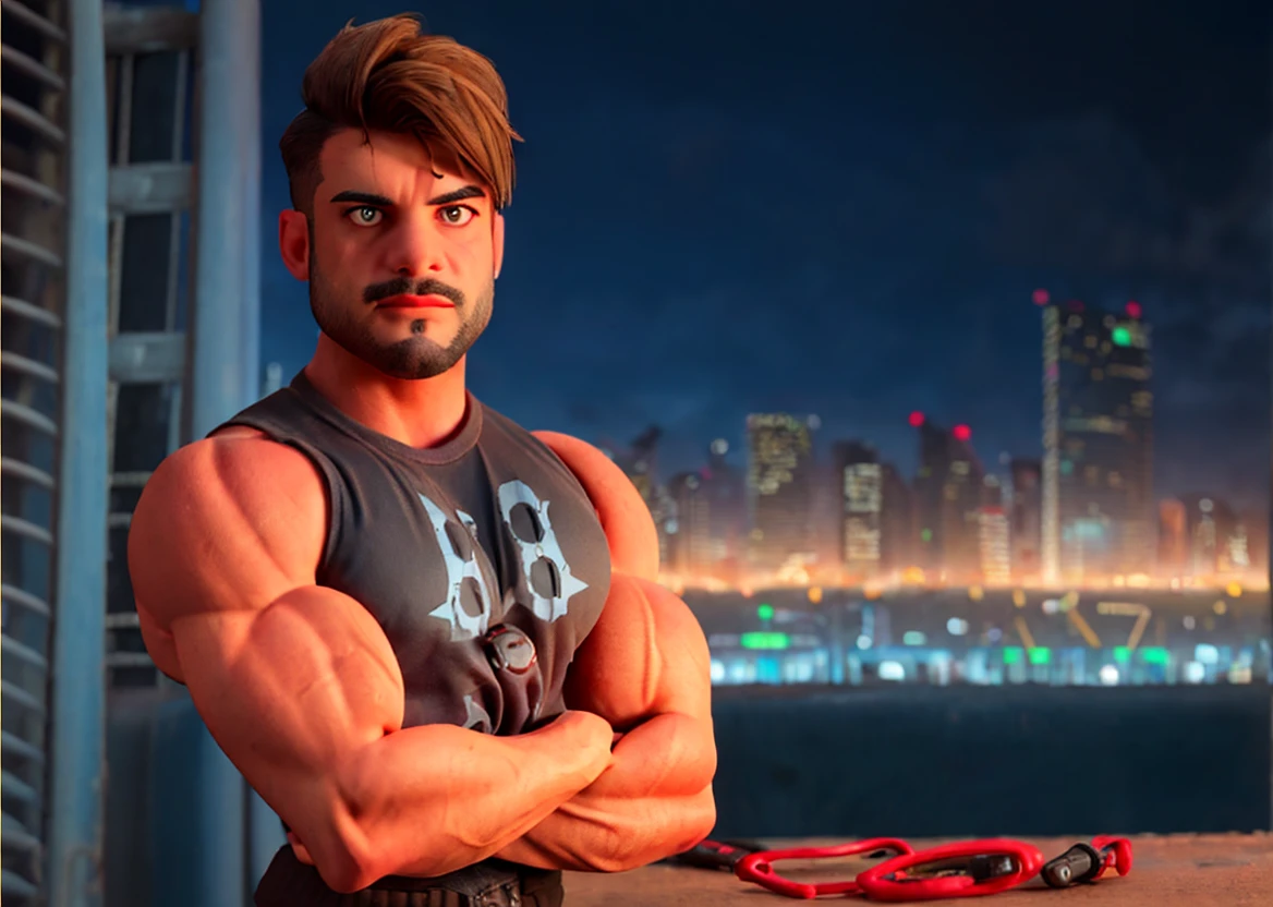 photo of loganfranklin, solo, facial hair, short hair, muscular, upperbody, bokeh, city in the background, detailed, cyberpunk style, neon lights, night theme, bokeh, 8k, <lora:Logan_Franklin:0.9>