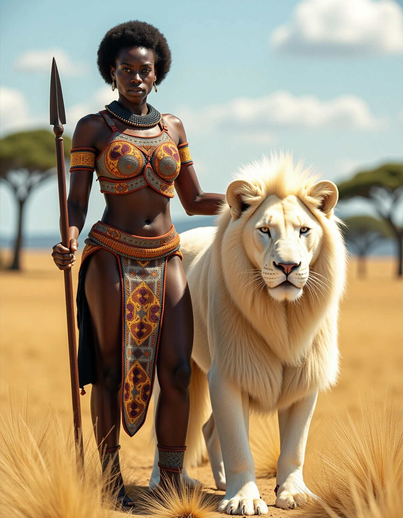 female African warrior standing proudly beside her majestic white lion in an expansive savanna landscape. The warrior is dressed in traditional African armor, embellished with intricate beadwork and vibrant patterns. Her stance is confident and poised, with her spear held firmly in one hand. She has striking facial features .The white lion stands majestically by her side, its fur shimmering in the sunlight and its piercing eyes exuding a sense of wisdom and power. The background features a vast savanna with acacia trees and a bright, clear sky