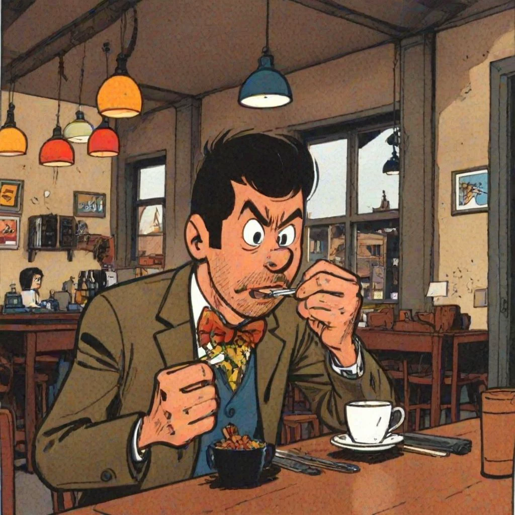 man eating at the table, cafe shop,  <lora:GilJordan:1> comic book stye