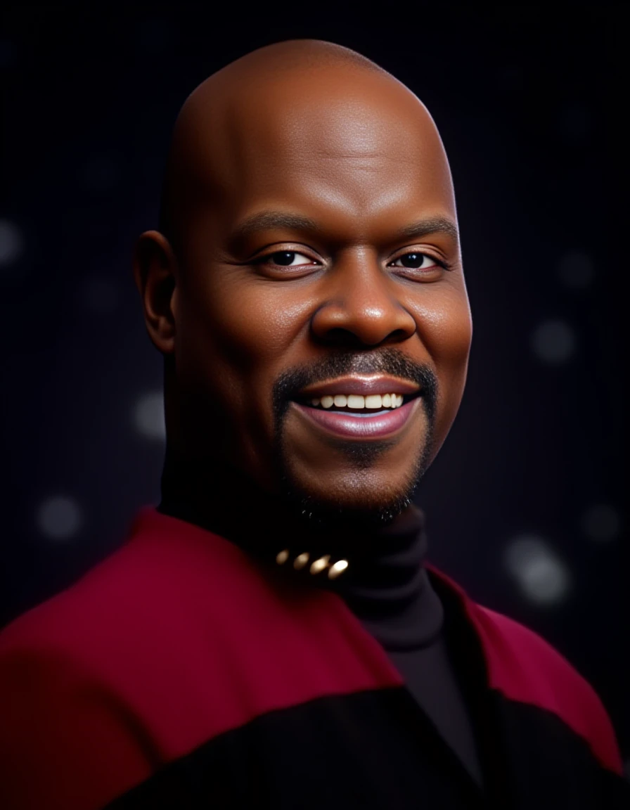 <lora:sisko-flux:1.3>captain benjamin sisko a man in a red shirt and black tie looking at the camera with a serious look on his face star trek deep space nine, sensual smile and a joyful expression, play dooh, hologram floating in space, a vibrant digital illustration, dribbble, quantum wavetracing, black background, behance hd