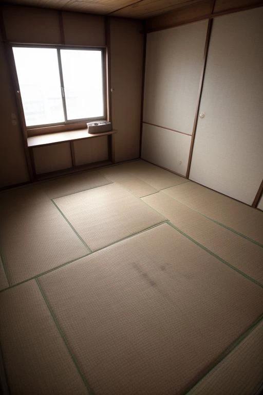 high quality:2, best quality:2, thickly animated, 2D, Delicate modeling, detail face, look from above, view entire room,
opened big window, evening, sunset,
in tatami dormitory room, run-down building, standing on tatami floor, small room, stained walls,