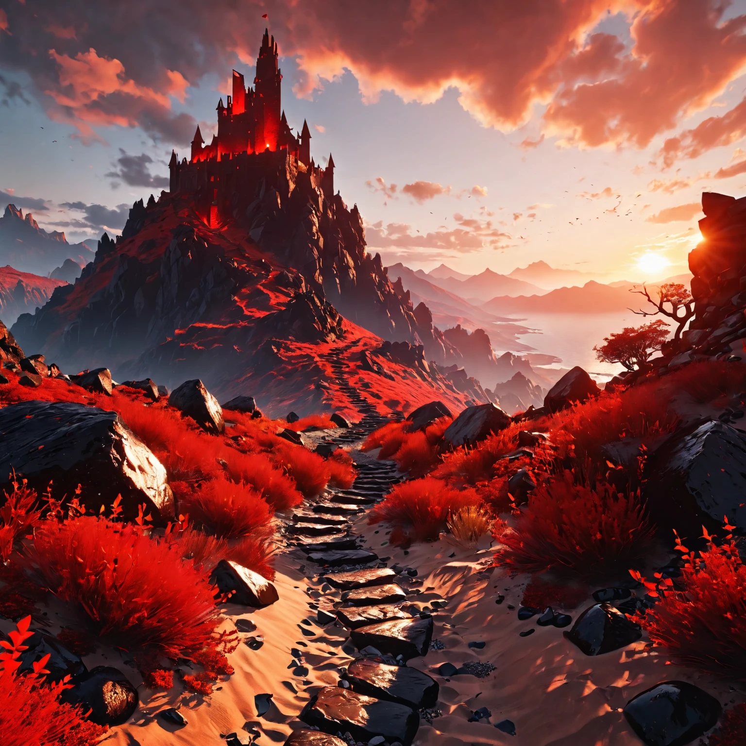 Role-playing game (RPG) style fantasy black tower, red theme, setting sun, craggy black mountains, black stones, path, sand, <lora:fireSDXL:1>, elementalplanefire, best quality, masterpiece, 4k, uncensored, prefect lighting, rating_explicit, very aesthetic, detailed, <lora:add_details_xl:0.6>, very detailed, <lora:SDXLHighDetail_v5:0.6> . Detailed, vibrant, immersive, reminiscent of high fantasy RPG games