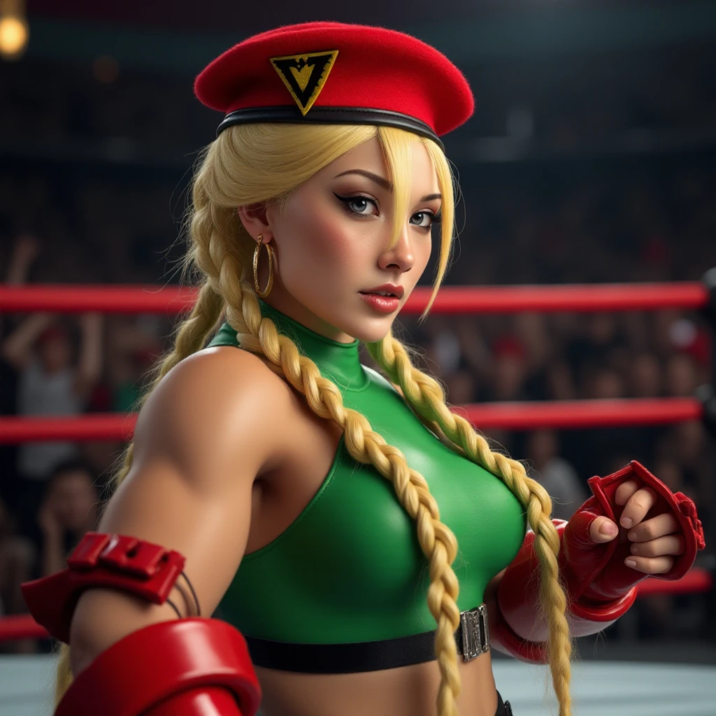 Cammy White, a woman with long blond dual braided hair, red beret, green leotard, red gloves.  She is ready to fight on a wrestling ring <lora:Cammy_White:0.9>