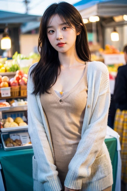 masterpiece, best quality, ultra-detailed, ultra high res, (photorealistic:1.4), raw photo, (realistic:0.2), 8k HDR, realistic lighting, looking at viewer, 1girl, solo, asymmetrical hair, outdoor, sky, (traditional market:1.2), bokeh, (detailed lips), (day), (detailed pores), (detailed skin textures), (detailed face:1.2), (body:1.2), a woman portrait in a cardigan, cowboy shot, thigh gap