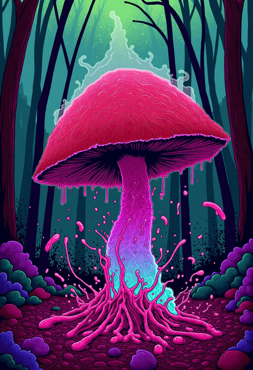 A cybergore nightmare scene featuring a melted psycho mushroom with bioluminescent body, and smoke, complete corruption of the forest